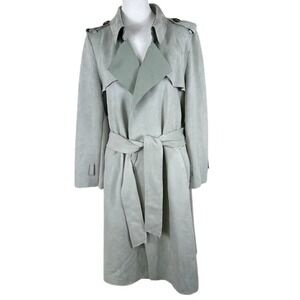 Few Moda Trench Coat Womens L Sage Green Faux Suede Belted Longline Jacket Outer